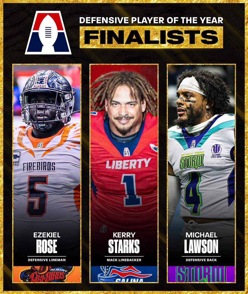 Defensive Player of the Year Finalists:
DL Ezekiel Rose - Albany Firebirds
MAC Kerry Starks - Salina Liberty
DB Michael Lawson - Southwest Kansas Storm