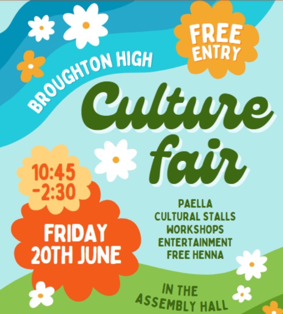 Broughton High Parent Council (@broughtonhighpc) on Twitter photo ๐ <a href="/BroHighOfficial/">Broughton High</a> ๐๏ธ Culture Fair ๐ฅฐ ๐ซฑ๐ปโ๐ซฒ๐พ Fri 20 June! Stalls <a href="/tinychanges/">Tiny Changes</a> <a href="/besea_n/">besea.n</a> Henna ๐ค๐ฝ Paella ๐ฅ Chulo's ๐ช <a href="/KnightsKitchen/">Anke's Table</a> Korean Street Food ๐ Live Performances ๐ฒ Music ๐ถ Workshops ๐ฅ๐ชtraditional cultural dress up ๐ธ ...& more! Bring ๐ฐ to spend/donate #diversity ๐ <a href="/BroHighOfficial/">Broughton High</a> ๐๏ธ Culture Fair ๐ฅฐ ๐ซฑ๐ปโ๐ซฒ๐พ Fri 20 June! Stalls <a href="/tinychanges/">Tiny Changes</a> <a href="/besea_n/">besea.n</a> Henna ๐ค๐ฝ Paella ๐ฅ Chulo's ๐ช <a href="/KnightsKitchen/">Anke's Table</a> Korean Street Food ๐ Live Performances ๐ฒ Music ๐ถ Workshops ๐ฅ๐ชtraditional cultural dress up ๐ธ ...& more! Bring ๐ฐ to spend/donate #diversity