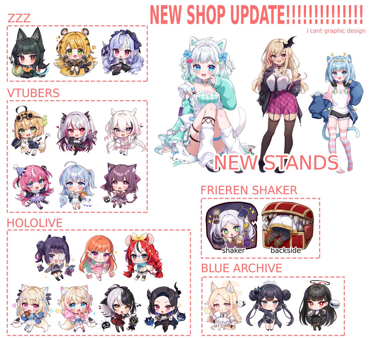 Hello shop update time!!!!!

⭐ Mint, Nimi, Gura, Ina plushies
⭐ New charms (zzz, vtubers, blue archive, frieren shaker)
⭐ New Mint, Mariya, and Jelly stands

Linkies 👇🏻 