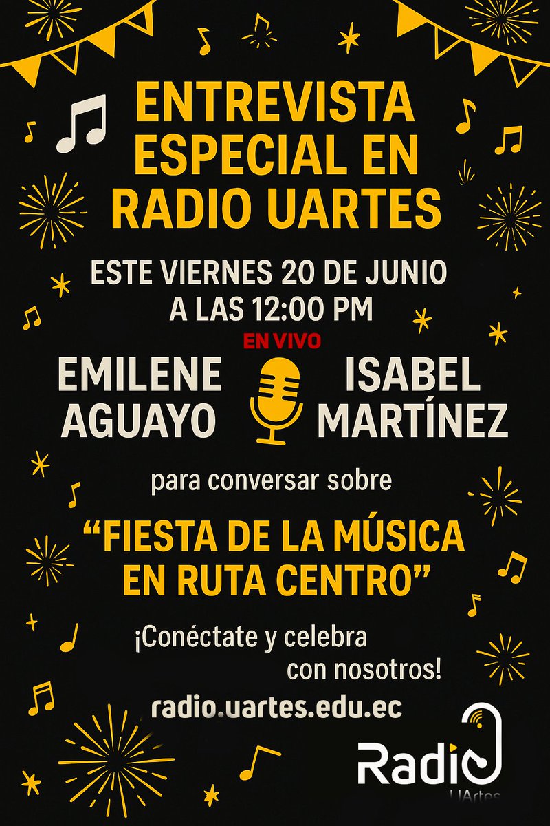 🎙️ Este viernes a las 12h nos acompañan Emilene Aguayo e Isabel Martínez en Radio UArtes para hablar sobre la Fiesta de la Música en Ruta Centro 🎶
¡Súmate a esta celebración musical en el marco de las Fiestas Julianas!
📍radio.uartes.edu.ec #FiestaDeLaMúsica #RadioUArtes