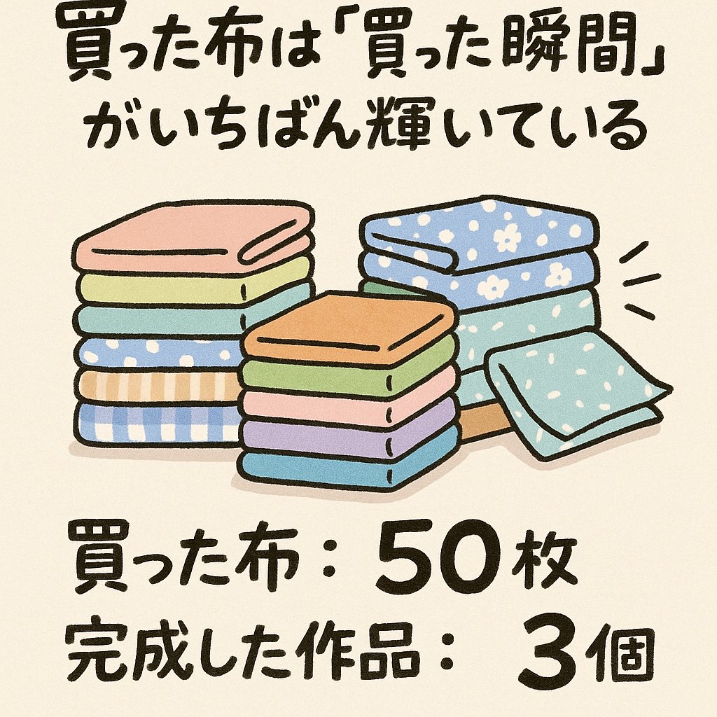 【買った布が使われる確率、5%説】

布屋さんで出会った瞬間、
「これであのバッグ作ろう！」と即購入。

数日後：
→ 他の布に目移り
→ デザイン迷って寝かせる
→ 次に出番が来るのは、来年の今ごろ。

「買った布＝作品になる」って、奇跡なのかもしれない🧵笑