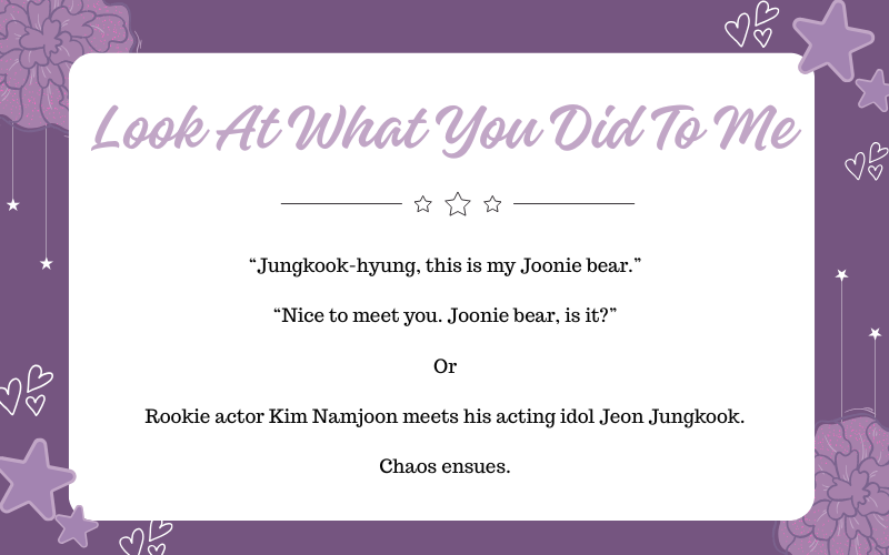 ˖ׄ ★ Look at What You Did to Me ★ ⁺˖

💜 11.8K
🤍 Namkook
💜 Fake Dating Au

Tags:
- Misunderstandings
- Angst w/Happy Ending
- Unrequited Feelings
- Bangtan Ensemble

archiveofourown.org/works/66573598…