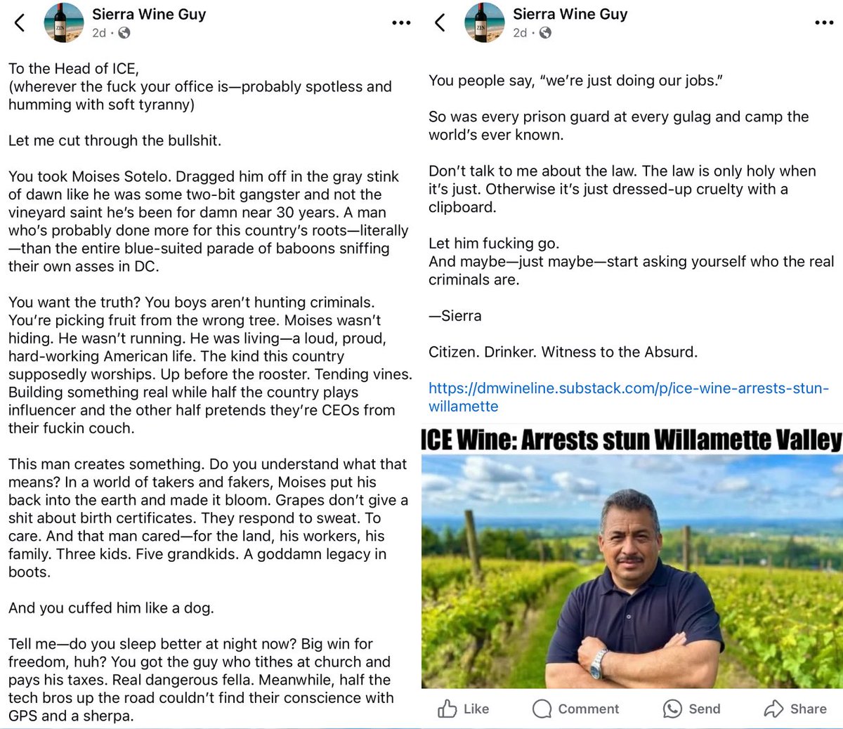 🔥 SIERRA WINE GUY: “To the head of ICE: you cuffed Moises Sotelo like a dog. You got the guy who tithes at church and pays his taxes. 

Do you sleep better at night? — Let him fucking go… and maybe ask yourself who the real criminals are.” 

Full: facebook.com/share/1Bv5QQmW…