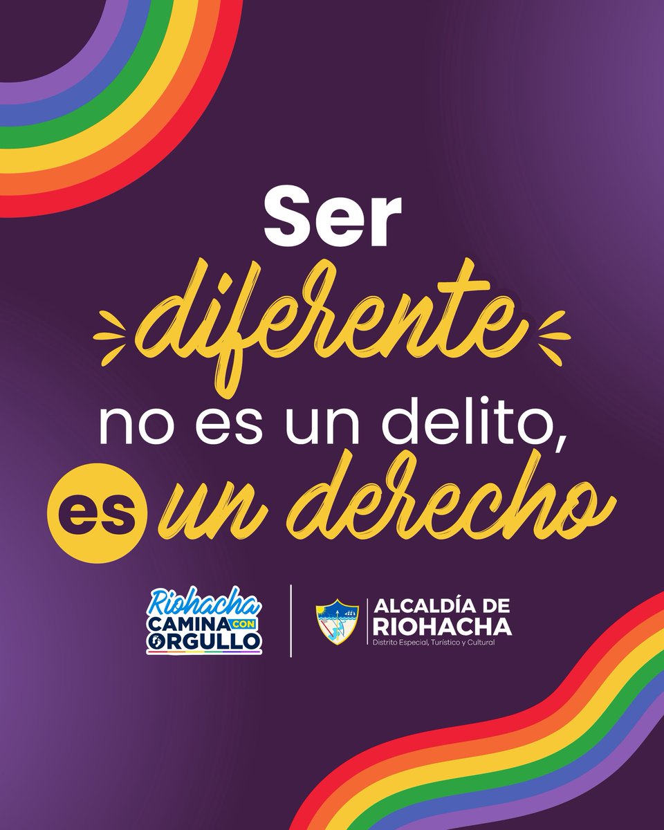 En Riohacha celebramos la diversidad
Este mes de junio,#RiohachaCaminaConOrgullo reafirmando nuestro compromiso con la construcción de una ciudad incluyente, respetuosa y libre de discriminación. 
Hoy más que nunca, alzamos juntos nuestra voz por el amor,la igualdad y el respeto.