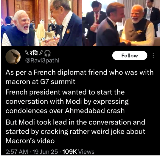 After the #AirIndiaCrash that killed over 250.. one would expect the PM to behave in a sombre manner. But your typical village idiot was a circus clown cracking moronic jokes &amp; guffawing at the G7 in Canada. When a country is headed by such an idiot it will get mocked everywhere