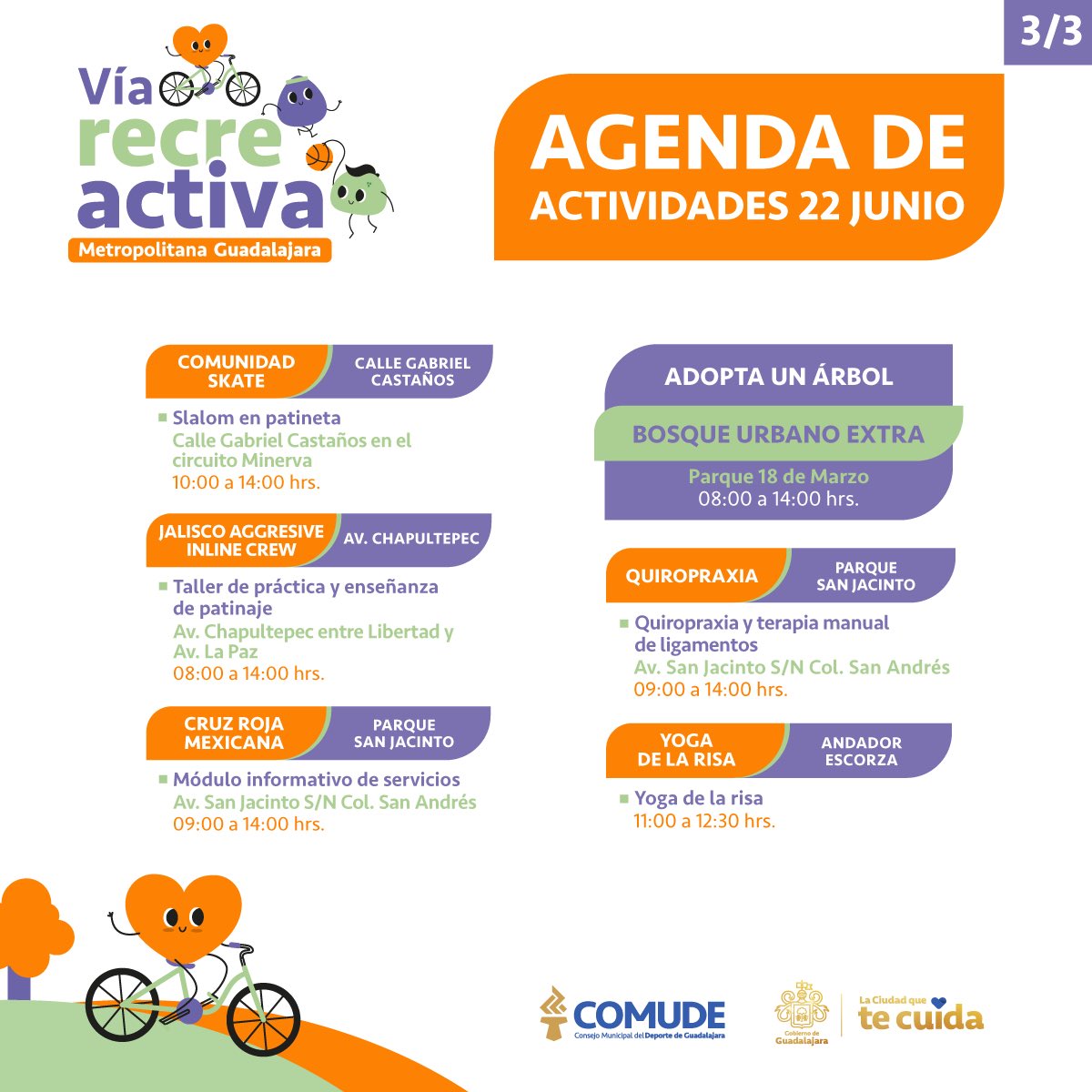 🌈 ¡Este domingo la ciudad es toda tuya en la #VíaRecreActiva! 🚴‍♀️🛼

📆 Aquí te compartimos la agenda de actividades para este domingo para que armes tu plan y no te pierdas nada.
💙 ¡Nos vemos en la vía!

#ComudeGDL #GDLTeCuida