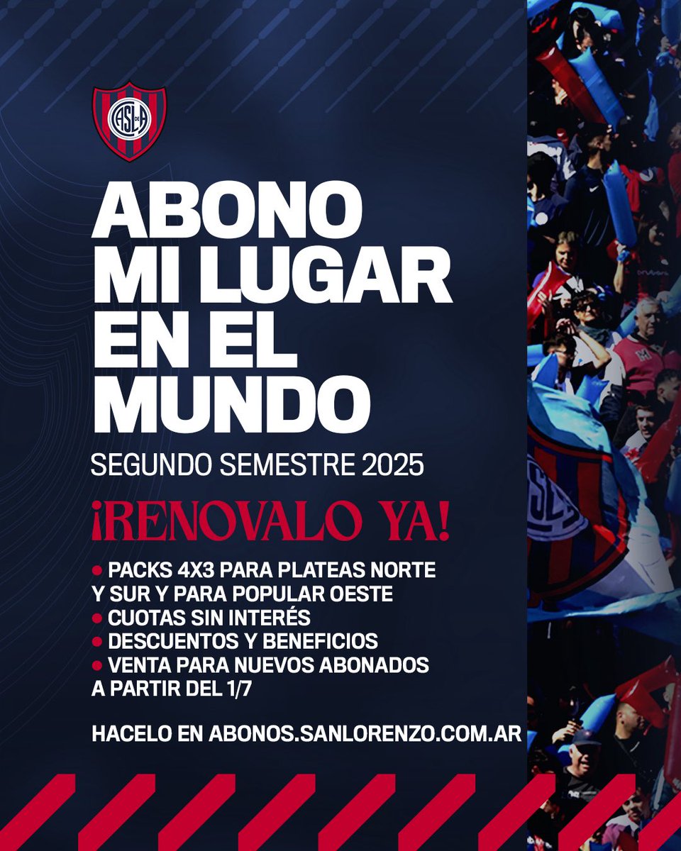 ¡Asegurá tu platea!
¡Olvidate del canje popular!

¡ÚLTIMOS 2️⃣ DÍAS para renovar tu Abono #MiLugarEnElMundo y aprovechar el descuento del 1️⃣5️⃣% por pago anticipado! 🎟️

📅 Hasta este sábado 21/6 inclusive podés acceder a ese precio especial. Además, tenés múltiples beneficios.