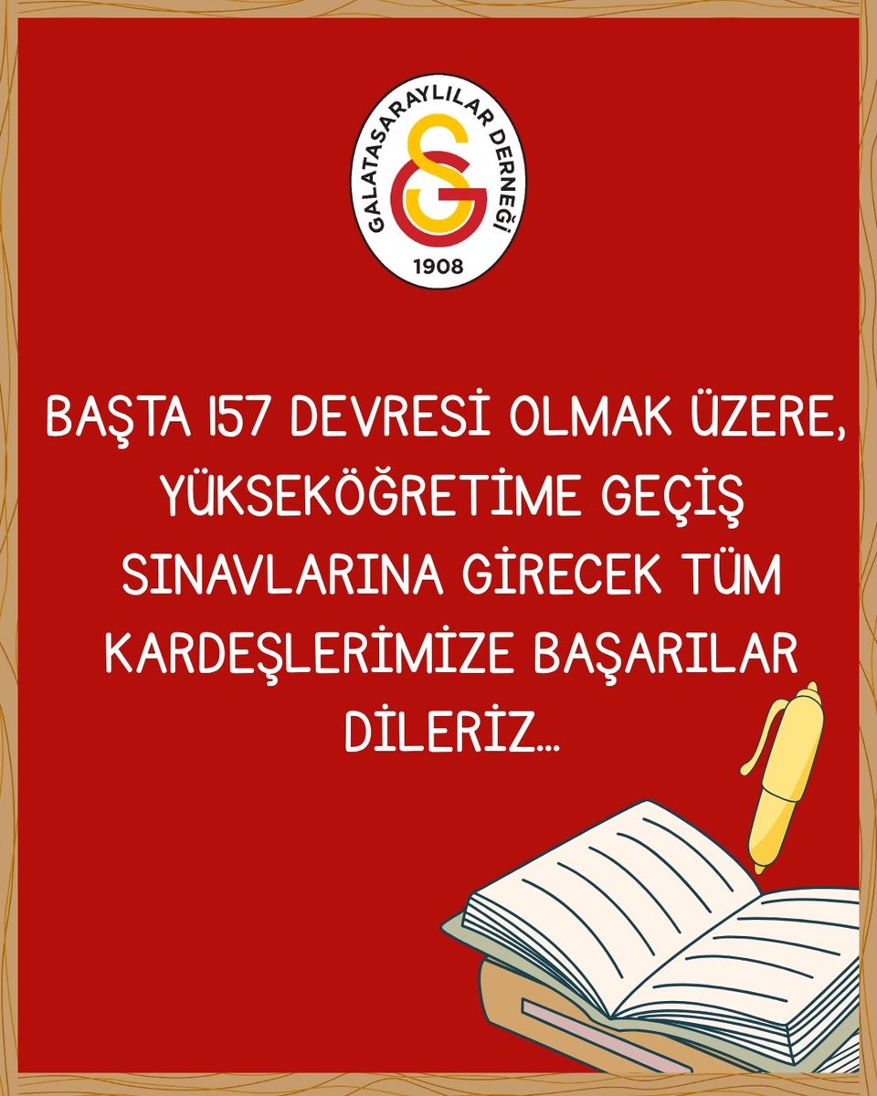 Başta 157 devresi olmak üzere, yükseköğretime geçiş sınavlarına girecek tüm kardeşlerimize başarılar dileriz.
#galatasaraylılardernegi #gsd #sınav2025