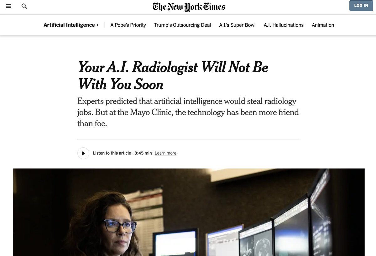 Interesante nota del NYT sobre cómo AI no destruyó puestos de trabajo en tareas que están "resueltas" hace años, como el análisis radiográfico.