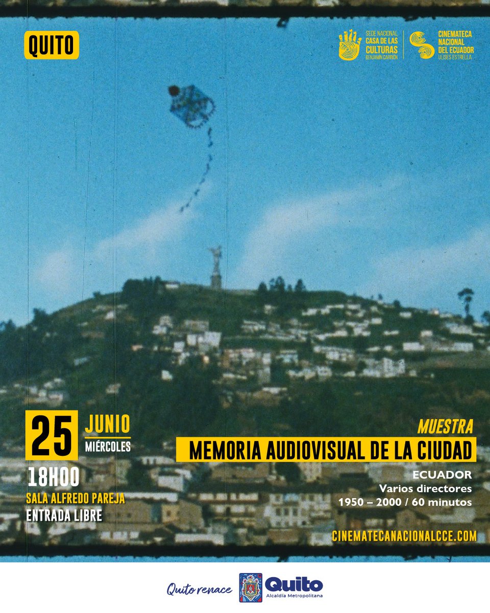 Cinemateca Nacional del Ecuador (@cinemateca_ec) on Twitter photo 🟡 Muestra Memoria Audiovisual de la Ciudad
🟡 Miércoles 25 de junio 2025
🟡 Sala Alfredo Pareja
🟡 18h00
🟡 Entrada libre
🟨 <a href="/CasadelaCultura/">Casa de la Cultura Ecuatoriana</a>
🟨 <a href="/culturaquito/">Secretaría de Cultura Quito</a>
#Cultura #quito #memoriaaudiovisual #archivo #archivofílmico 🟡 Muestra Memoria Audiovisual de la Ciudad
🟡 Miércoles 25 de junio 2025
🟡 Sala Alfredo Pareja
🟡 18h00
🟡 Entrada libre
🟨 <a href="/CasadelaCultura/">Casa de la Cultura Ecuatoriana</a>
🟨 <a href="/culturaquito/">Secretaría de Cultura Quito</a>
#Cultura #quito #memoriaaudiovisual #archivo #archivofílmico