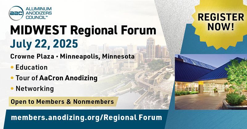 Join AAC for a NEW event open to members and nonmenbers! The AAC MIDWEST Regional Forum in Minneapolis, MN is a one-day educational event for aluminum anodizers. Learn Anodizing Techniques and Troubleshooting Tips, Register Now!
buff.ly/QlgeXnL