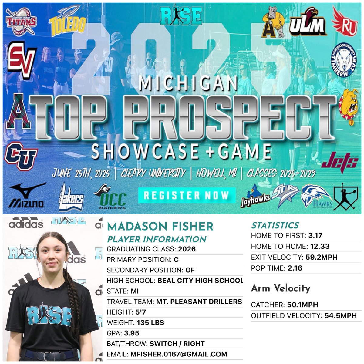 2026 Madason Fisher (Beal City HS &amp; Drillers) has been added to the roster!
-
#whosnext? #Mizuno  #getnoticed
-
ONE WEEK AWAY, Register NOW➡️ form.jotform.com/91816225029153