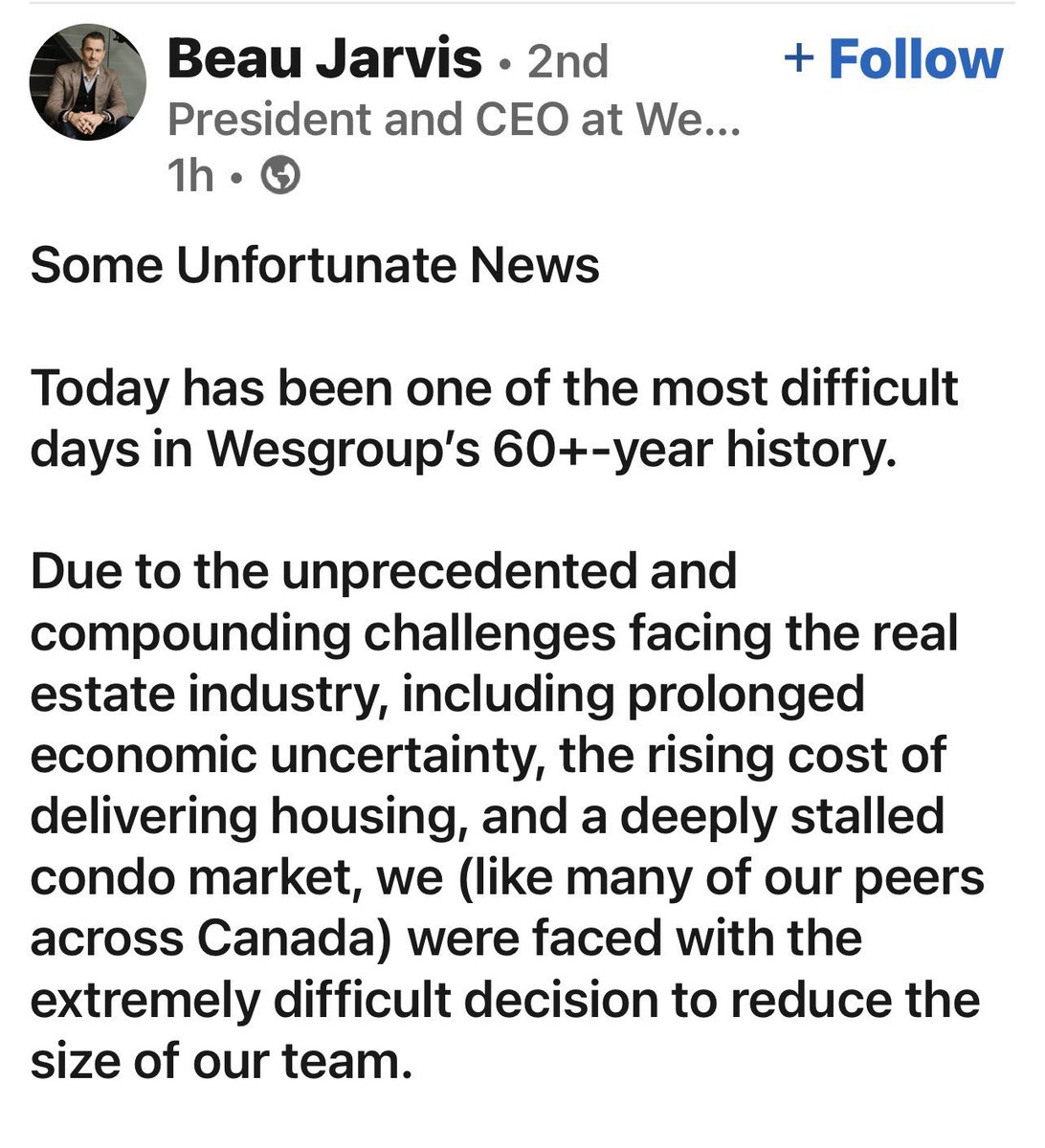 Layoffs at Wesgroup, one of Vancouvers largest developers. Sign of the times.