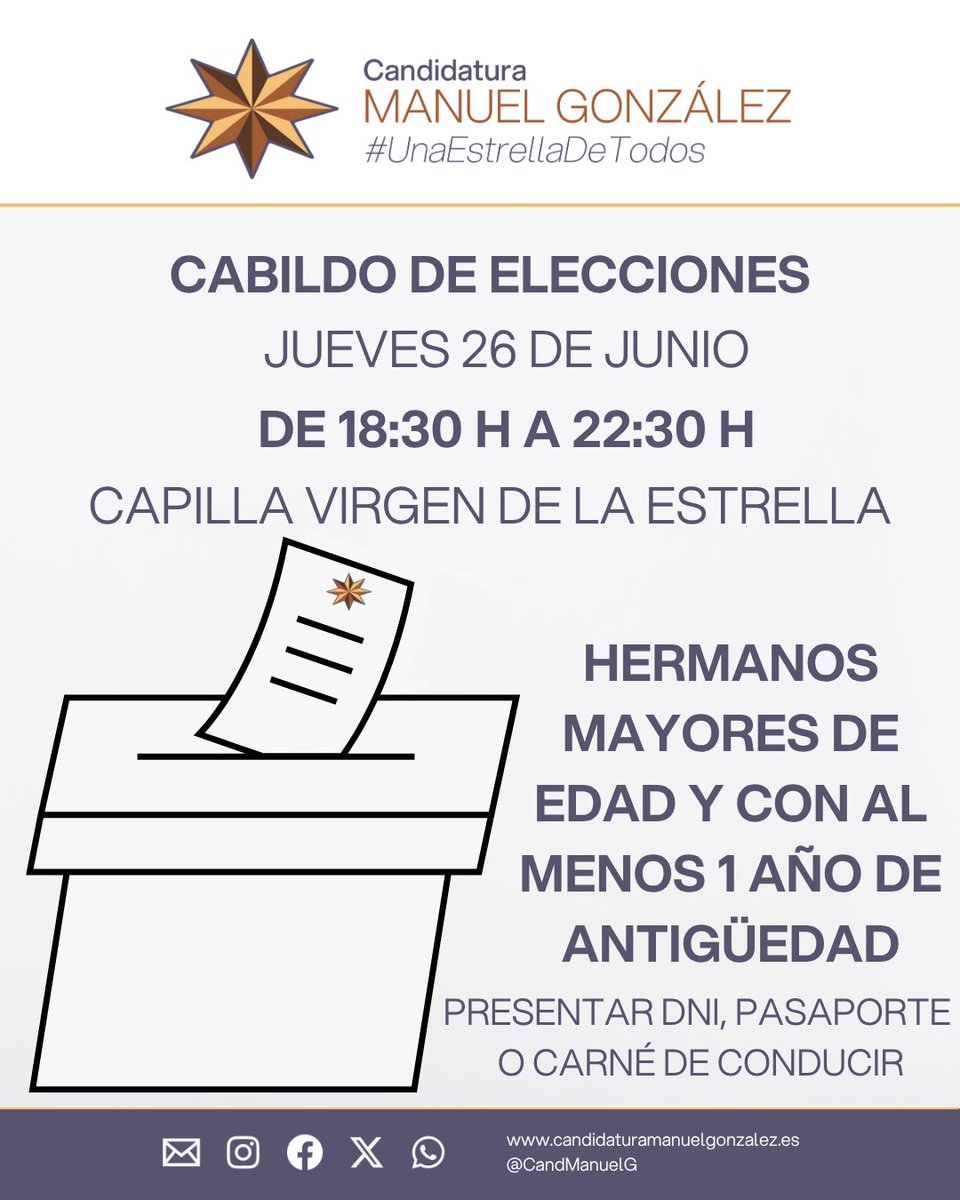 CandManuelG's tweet photo. ❗️En una semana, el jueves 26 de junio, se celebrará el Cabildo #EleccionesEstrella25

⭐️ Recuerda:

⏰ De 18:30 h a 22:30 h
📍 Capilla Virgen de la Estrella
👤 Hermanos mayores de edad y con al menos 1 año de antigüedad 
🪪 DNI, carné de conducir o pasaporte

#UnaEstrellaDeTodos https://t.co/GYivTmlNZ9