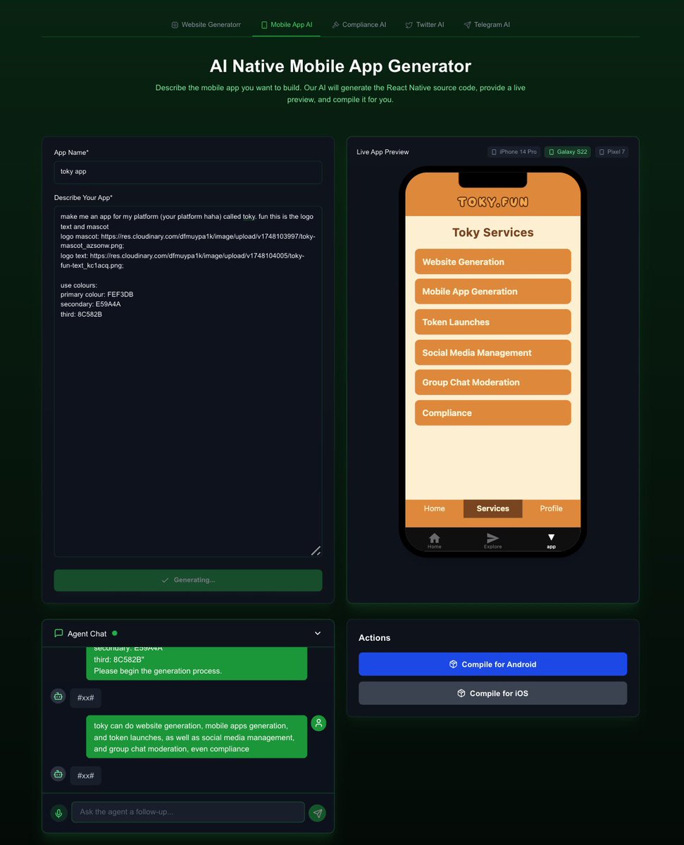 tokyfun's tweet photo. Major Announcement : We can now generate mobile apps for Android and IOS using our AI Agents. 👀

Build apps and Vibe code your @solana 
mobile app in just 1 minute, No Coding knowledge needed. 

We are building an app for our platform, using our platform, ironic!

A lot more is baking, we will share more over the next few days! Make sure you follow!