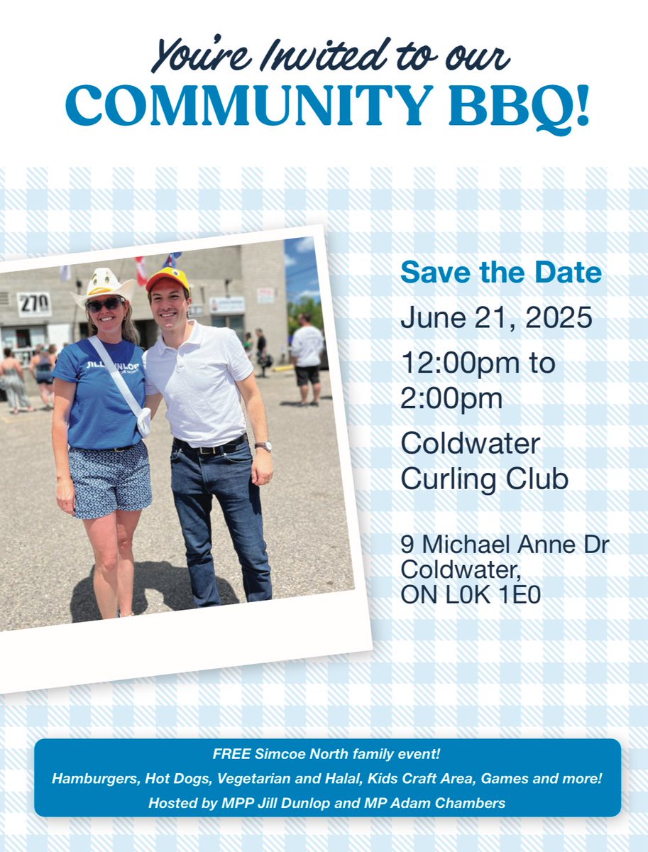 Jill Dunlop (@jilldunlop1) on Twitter photo It’s almost time #SimcoeNorth!
Join MP <a href="/adamchamb/">Adam Chambers</a> and I this Saturday June 21st for our free community BBQ – delicious food, great company, and fun for the whole family!
Enjoy Wye Marsh’s Birds of Prey, exciting displays from local emergency services, and a variety of local It’s almost time #SimcoeNorth!
Join MP <a href="/adamchamb/">Adam Chambers</a> and I this Saturday June 21st for our free community BBQ – delicious food, great company, and fun for the whole family!
Enjoy Wye Marsh’s Birds of Prey, exciting displays from local emergency services, and a variety of local