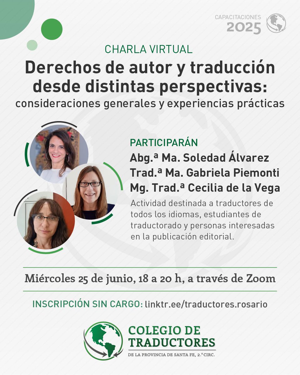 🟢 Charla virtual «Derechos de autor y traducción desde distintas perspectivas: consideraciones generales y experiencias prácticas».

✍️ Link de inscripción: forms.gle/SaNth7wPe8Z9af…

¡Te esperamos!