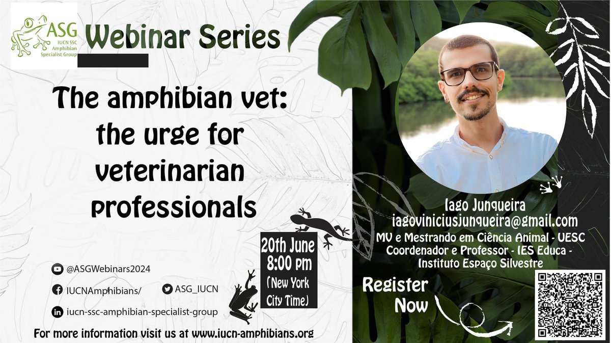 IUCN_ASG's tweet image. 𝗪𝗲𝗯𝗶𝗻𝗮𝗿 𝗔𝗹𝗲𝗿𝘁 🚨

Join us tomorrow at 20th June at 8pm NY time for our webinar with amphibian vet Iago Junqueira as we discuss crisis care in amphibian conservation and explore career paths in amphibian medicine

Register here: bit.ly/4l3DzqO