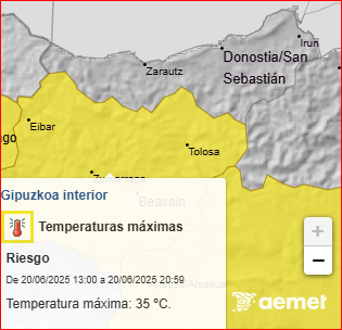 Viernes 20 

Madrugada 🌥️
Mañana 🌤️ 
Tarde 🌤️   🎉 #SanJuanak25 🌡️ 30/31º
Noche 🌤️ 🎉 #SanJuanak25 🌡️ 28º -> 24º

🌡️📈 32/33º📉 18/19º

Avisos Meteorologicos 
Euskalmet y Aemet