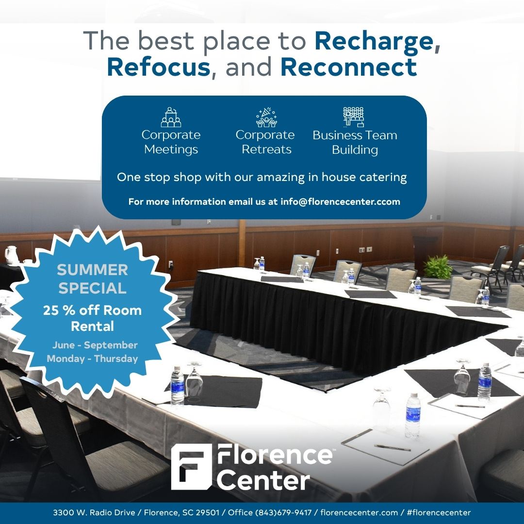 FlorenceCenter (@flocentersc) on Twitter photo Recharge. Refocus. Reconnect. 💼🌿
The Florence Center is your go-to for summer meetings & retreats!
📅 Now–Sept | Mon–Thurs
💰 25% OFF room rentals
Book today: info@florencecenter.com | florencecenter.com
#FlorenceCenter #SummerSpecial #BusinessRetreat Recharge. Refocus. Reconnect. 💼🌿
The Florence Center is your go-to for summer meetings & retreats!
📅 Now–Sept | Mon–Thurs
💰 25% OFF room rentals
Book today: info@florencecenter.com | florencecenter.com
#FlorenceCenter #SummerSpecial #BusinessRetreat