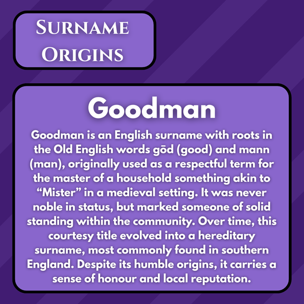 surnamesoc's tweet photo. Goodman might sound like a compliment, but it was a title!
In medieval England, a “Goodman” was the respected head of a household, something like an early “Mister”. Not quite nobility, but someone worth listening to!
#SurnameStudies #Genealogy #GenHour https://t.co/yh0zeXVwe4