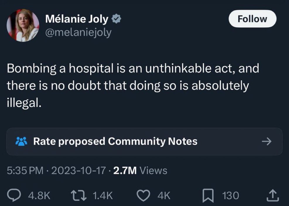 This was what Canada’s foreign minister posted when Hamas lied about Al-Ahli hospital.

Canada’s foreign minister has said nothing about the Israeli hospital that was actually hit.