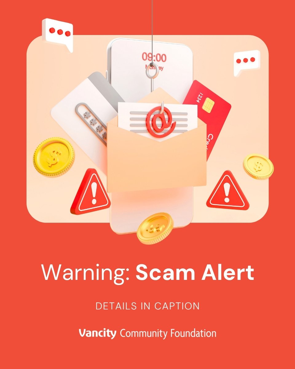 We have received reports of third parties posing as Vancity Community Foundation employees on social networking sites and apps requesting donations or money transfers. Learn more: shorturl.at/ncRJd