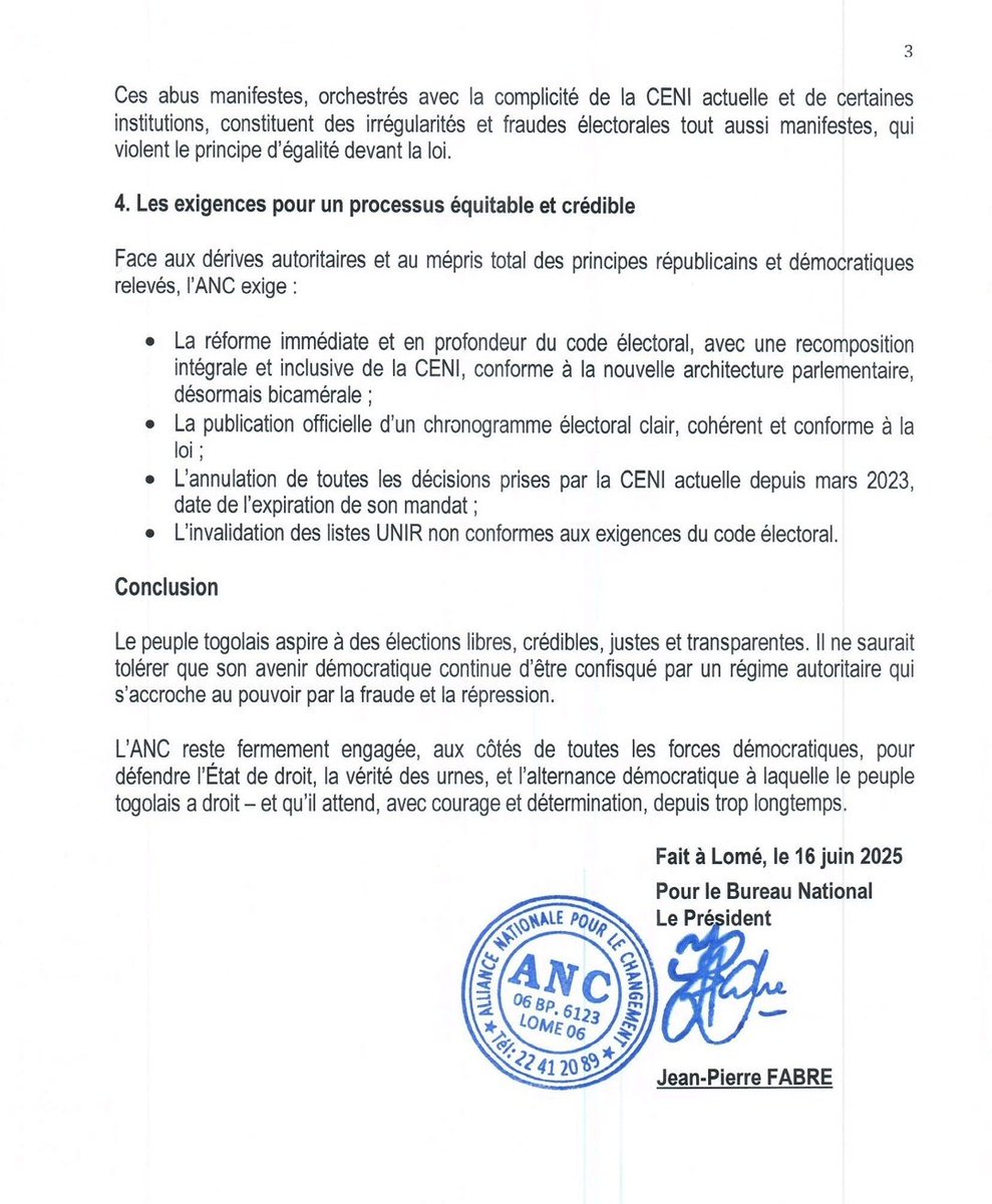 Non à un simulacre d'élections !

L'ANC dénonce la reconduction partielle et illégale de la CENI, le désordre électoral en cours et les privilèges scandaleux accordés au RPT/UNIR 

#Togo #ANCTOGO
#JeanPierreFABRE
