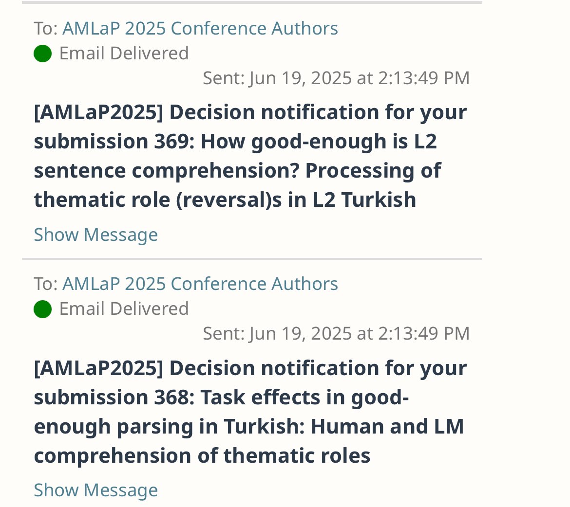 Onr_Kls's tweet image. Two papers with @dinctopal_deniz accepted to AMLaP 2025! 🥰
Both papers report the presence of good-enough parsing effects in Turkish. One focuses on task effects among L1 Turkish speakers and language models, and the other on L2 processing of role reversals.