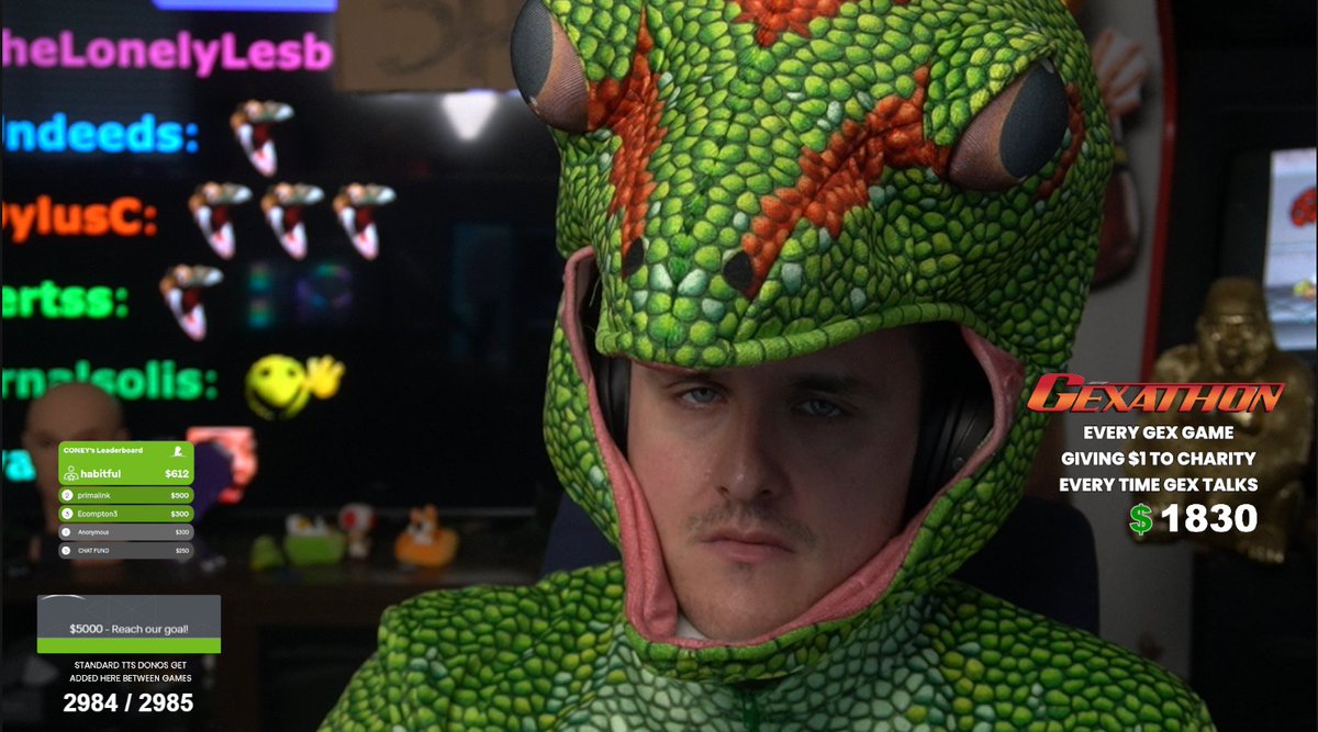 Stream's up

Yesterday I spent 14+ hours beating EVERY Gex game and giving $1 to charity every time Gex talked. We raised $6,858 for <a href="/StJude/">St. Jude</a> and had a GREAT TIME!!!

But we ALSO hit all 3 dono goals...so today we're 100%ing ALL 3 Gex games! Haha! Yay! Bonus tail time! Fun!!!!!!
