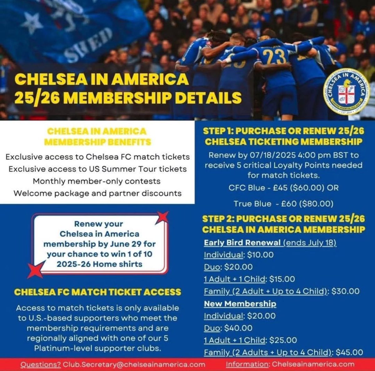Memberships for <a href="/ChelseaFC/">Chelsea FC</a> &amp; <a href="/CFCInAmerica/">Chelsea In America</a> are now open for the 25/26 season! Register by June 29th for 5 Loyalty Points and a raffle which includes home shirts and an <a href="/USAHeartlandCFC/">American Heartland CFC</a> exclusive - signed prizes including a Frank Lampard boot! 

<a href="/graystonetavern/">Graystone Tavern</a> #WeAreTheFamous