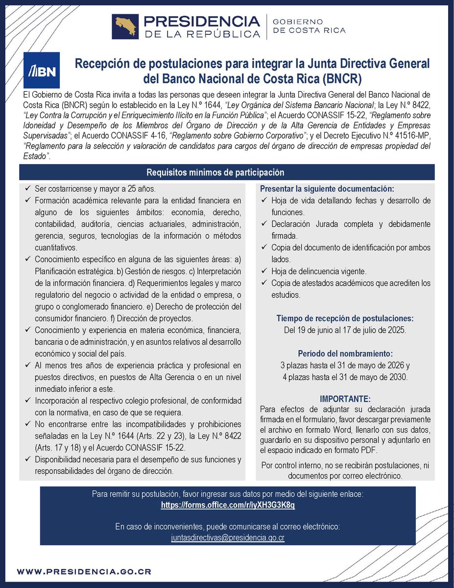 El Gobierno de la República de Costa Rica invita a participar en el concurso para integrar la Junta Directiva General del Banco Nacional de Costa Rica (BCNR).