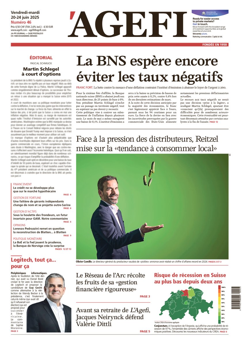🔴 A la Une du vendredi 20 juin: La BNS espère encore éviter les taux négatifs / La BNS à court d’options, l’édito de Pascal Schmuck / Face à la pression des distributeurs, Reitzel mise «sur la tendance à consommer local»
agefi.com