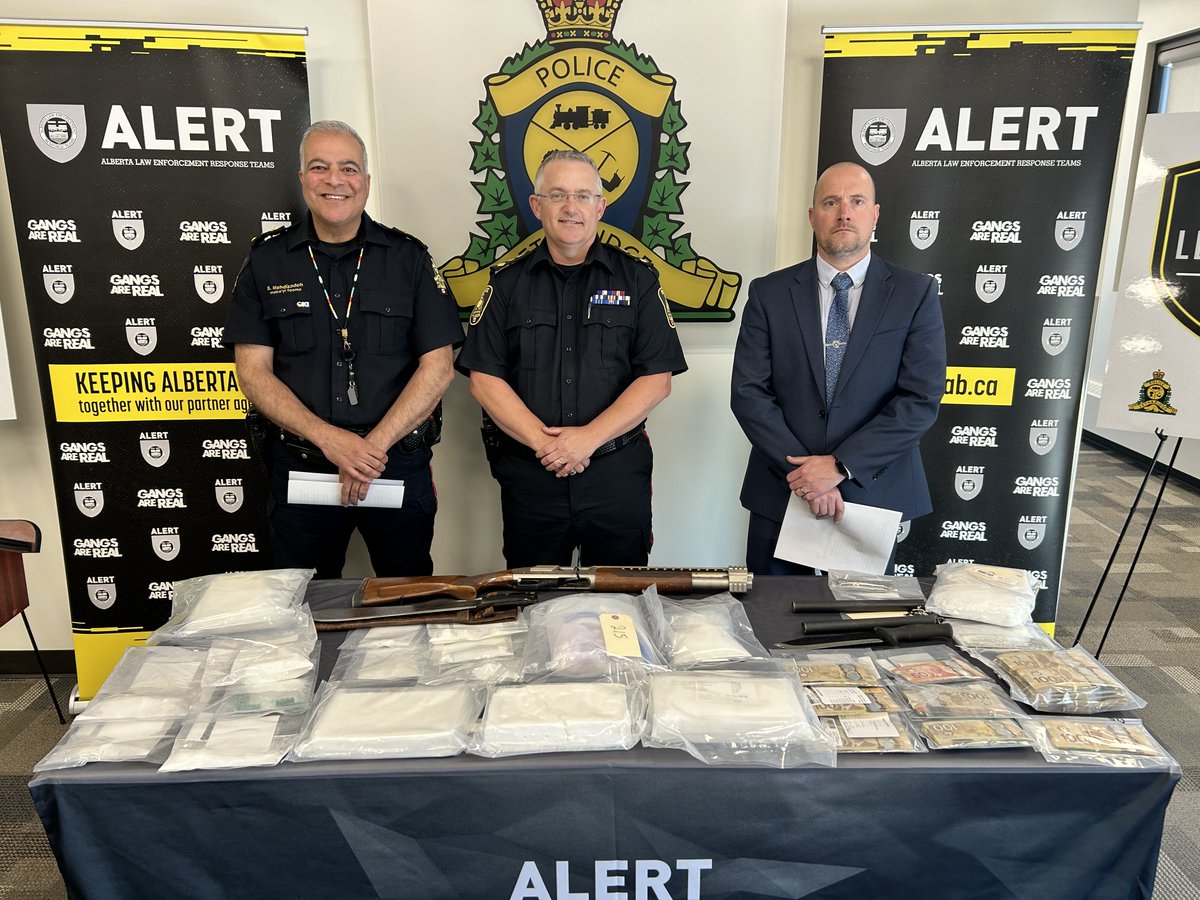 ALERT (@alert_ab) on Twitter photo Project Leadline is a two-year organized crime investigation led by ALERT Lethbridge, with help from <a href="/TaberPoliceServ/">Taber Police Service</a>, <a href="/lethpolice/">Lethbridge Police</a>, and <a href="/RCMPAlberta/">RCMP Alberta</a>.
Chief Shahin Mehdizadeh, Chief Graham Abela, and Insp. Brad Lundeen are speaking at a news conference in Lethbridge. Project Leadline is a two-year organized crime investigation led by ALERT Lethbridge, with help from <a href="/TaberPoliceServ/">Taber Police Service</a>, <a href="/lethpolice/">Lethbridge Police</a>, and <a href="/RCMPAlberta/">RCMP Alberta</a>.
Chief Shahin Mehdizadeh, Chief Graham Abela, and Insp. Brad Lundeen are speaking at a news conference in Lethbridge.