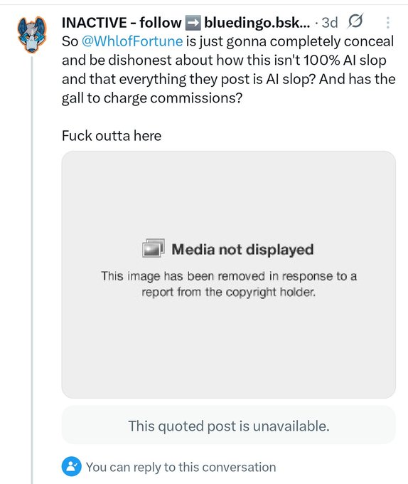 AINT NO FUCKING WAY LMAO

<a href="/WhlofFortune/">🛞 of 🍀</a> FUCKING DMCA'D MY CALLOUT POST

WHAT A PETULANT CHILD

Imagine DMCA'ing AI slop 🤣