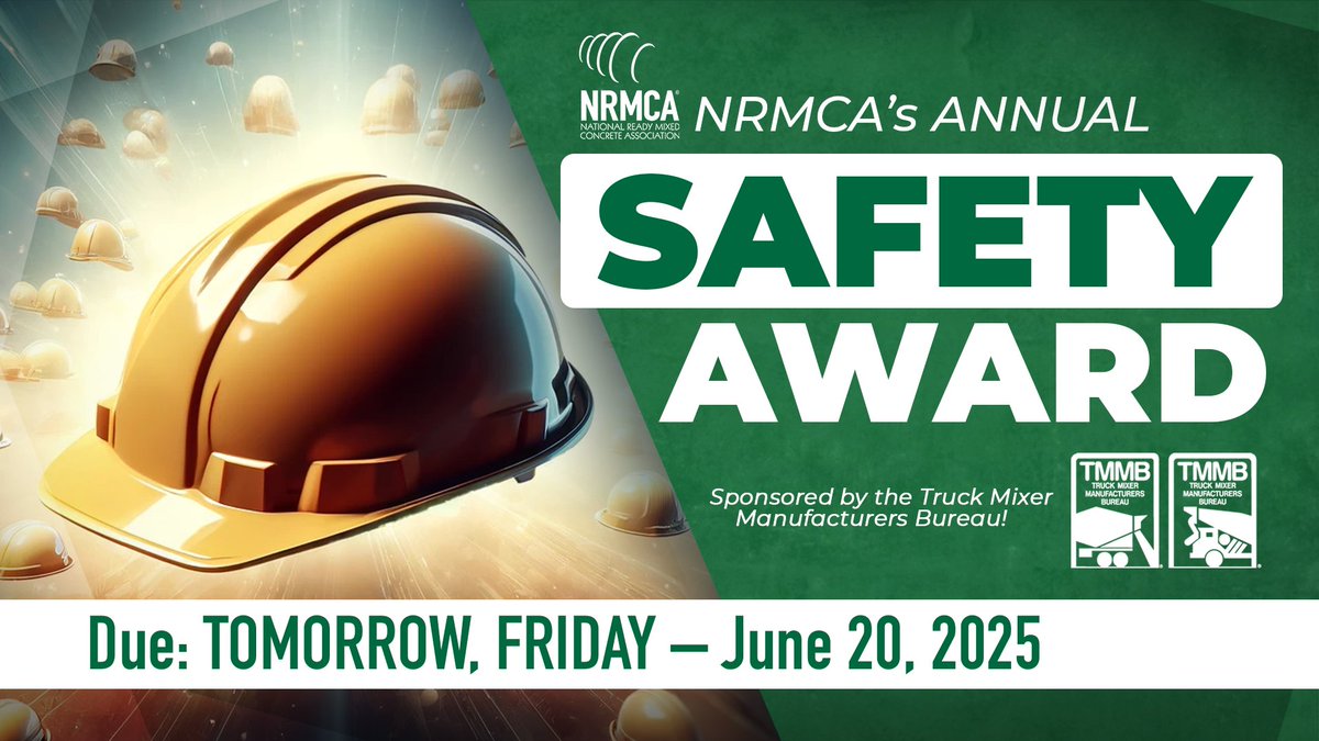 🚨 Deadline is TOMORROW! 🚨 Last chance to submit your nomination for NRMCA's Annual Safety Award: ow.ly/LEgK50Wcvue

📩 Nominations are due Tomorrow, Friday, June 20th
📥 Download the form and submit via email today: ow.ly/4iOw50Wcvuc

#SafetyAward #Safety #Concrete
