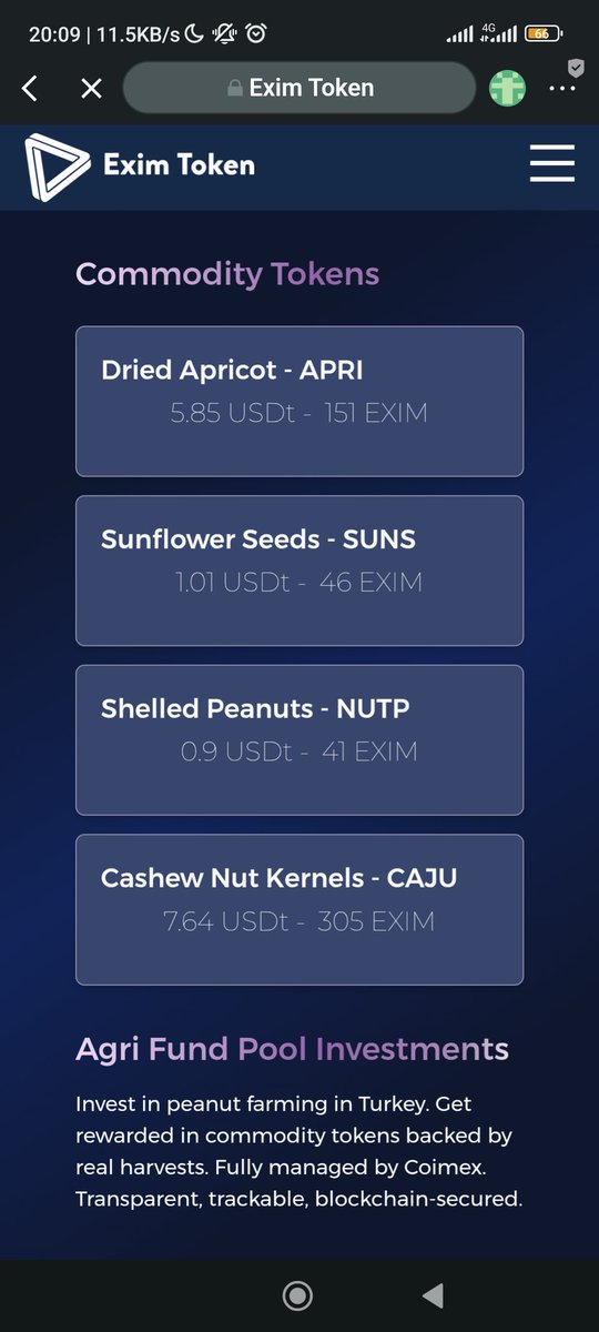 CommodityToken Price Update 
Live from the Exim ecosystem 📦🌍

💠 APRI (Dried Apricot): 5.85 USDt | 151 EXIM
🌻 SUNS (Sunflower Seeds): 1.01 USDt | 46 EXIM
🥜 NUTP (Shelled Peanuts): 0.90 USDt | 41 EXIM
🌰 CAJU (Cashew Nut Kernels): 7.64 USDt | 305 EXIM

Real commodities. Real