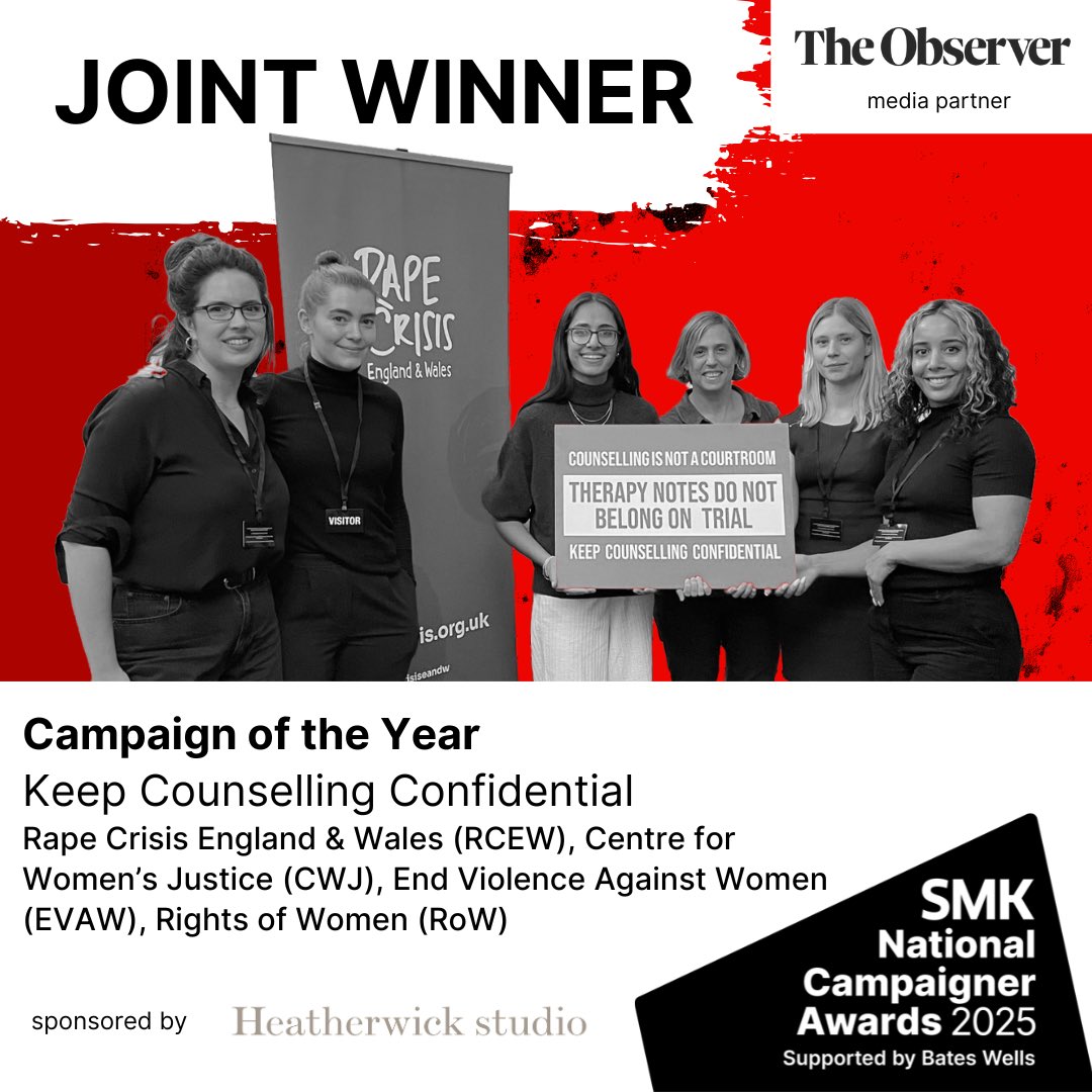 EVAW Coalition (@evawuk) on Twitter photo ❤️🔥Campaign of the Year❤️🔥
Such an honour to have our #KeepCounsellingConfidential campaign with <a href="/RapeCrisisEandW/">Rape Crisis England & Wales</a> <a href="/centreWJ/">Centre for Women's Justice</a> <a href="/rightsofwomen/">Rights of Women</a> recognised with an award!
Together we changed the law to stop rape survivors’ therapy notes being routinely scrutinised by police and courts. ❤️🔥Campaign of the Year❤️🔥
Such an honour to have our #KeepCounsellingConfidential campaign with <a href="/RapeCrisisEandW/">Rape Crisis England & Wales</a> <a href="/centreWJ/">Centre for Women's Justice</a> <a href="/rightsofwomen/">Rights of Women</a> recognised with an award!
Together we changed the law to stop rape survivors’ therapy notes being routinely scrutinised by police and courts.