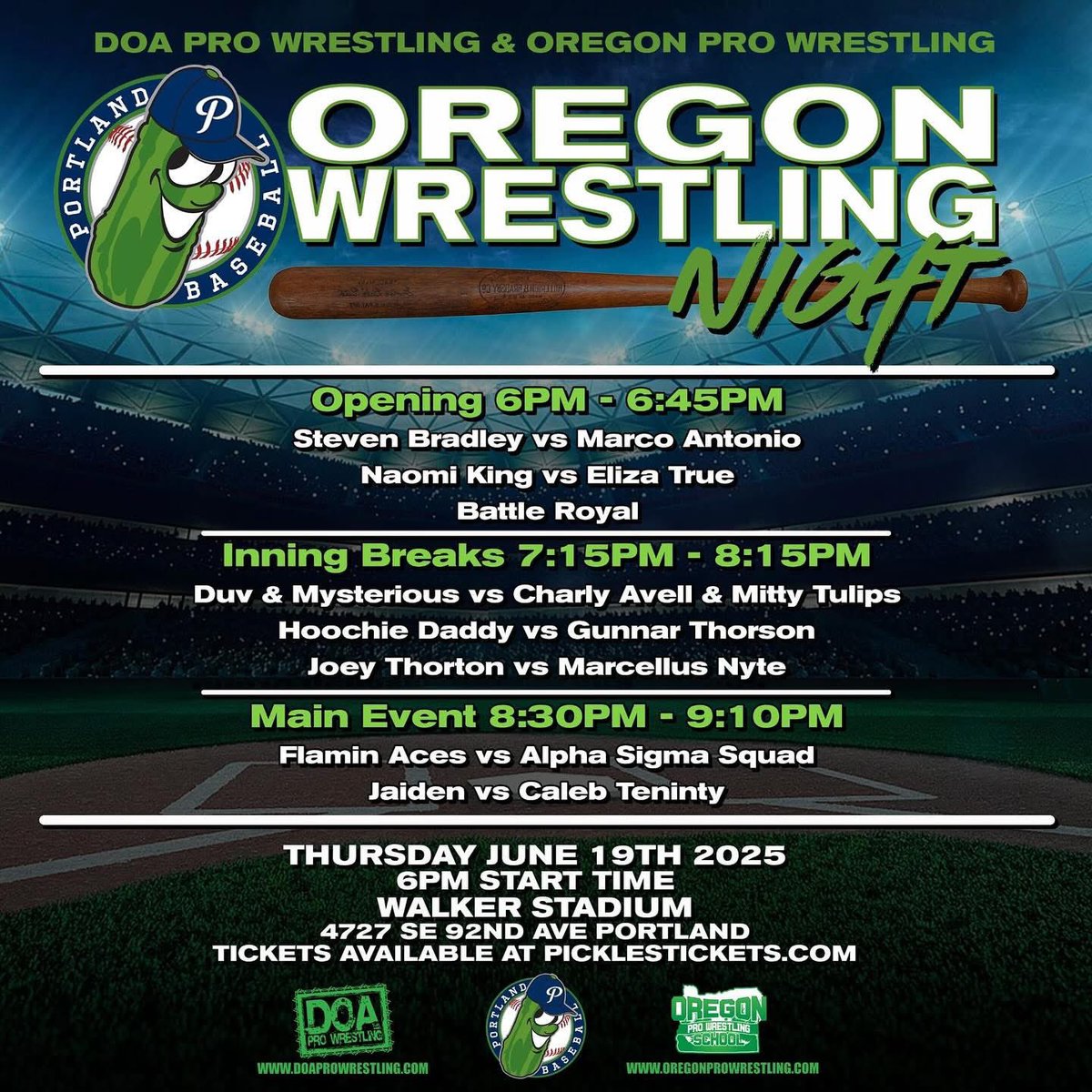 DOA Pro Wrestling (@doaprowrestling) on Twitter photo TONIGHT!
DOA & <a href="/ORprowrestling/">OregonProWrestling</a> team up
For Oregon Wrestling night <a href="/picklesbaseball/">Portland Pickles</a>
Join us as <a href="/ThisIsJAIDEN/">JAIDEN The Unbelievable</a> defends the DOA Grand Championship and The Flamin Aces defend the DOA Tag Team Gold! TONIGHT!
DOA & <a href="/ORprowrestling/">OregonProWrestling</a> team up
For Oregon Wrestling night <a href="/picklesbaseball/">Portland Pickles</a>
Join us as <a href="/ThisIsJAIDEN/">JAIDEN The Unbelievable</a> defends the DOA Grand Championship and The Flamin Aces defend the DOA Tag Team Gold!