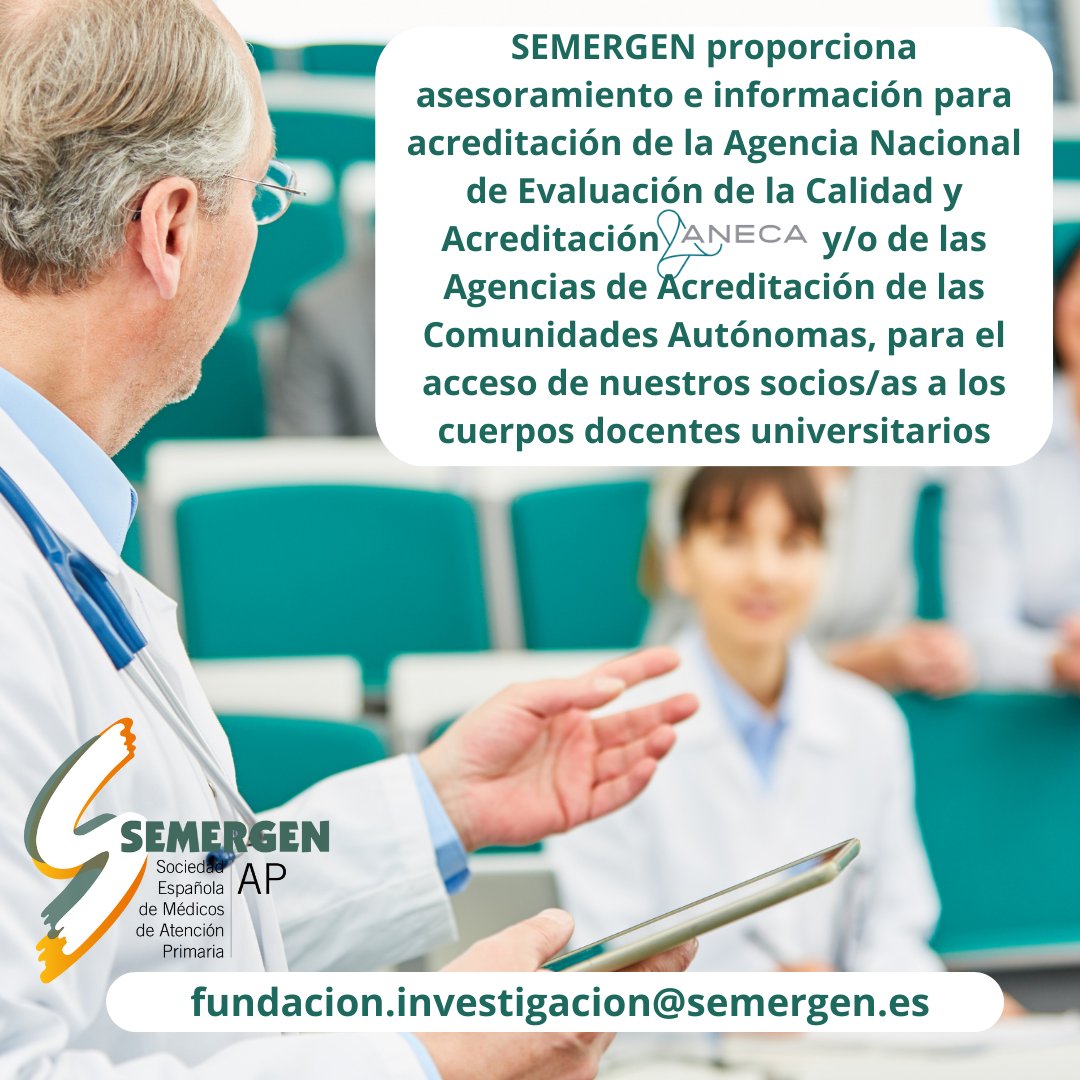 #UniversidadMFyC 🎓SEMERGEN te proporciona asesoramiento e información para hacer la acreditación de la Agencia Nacional de Evaluación de la Calidad y Acreditación <a href="/ANECAinfo/">ANECA</a> y/o Agencias de Acreditación de las CCAA, con el fin de facilitar el acceso de nuestros SOCI@S a los