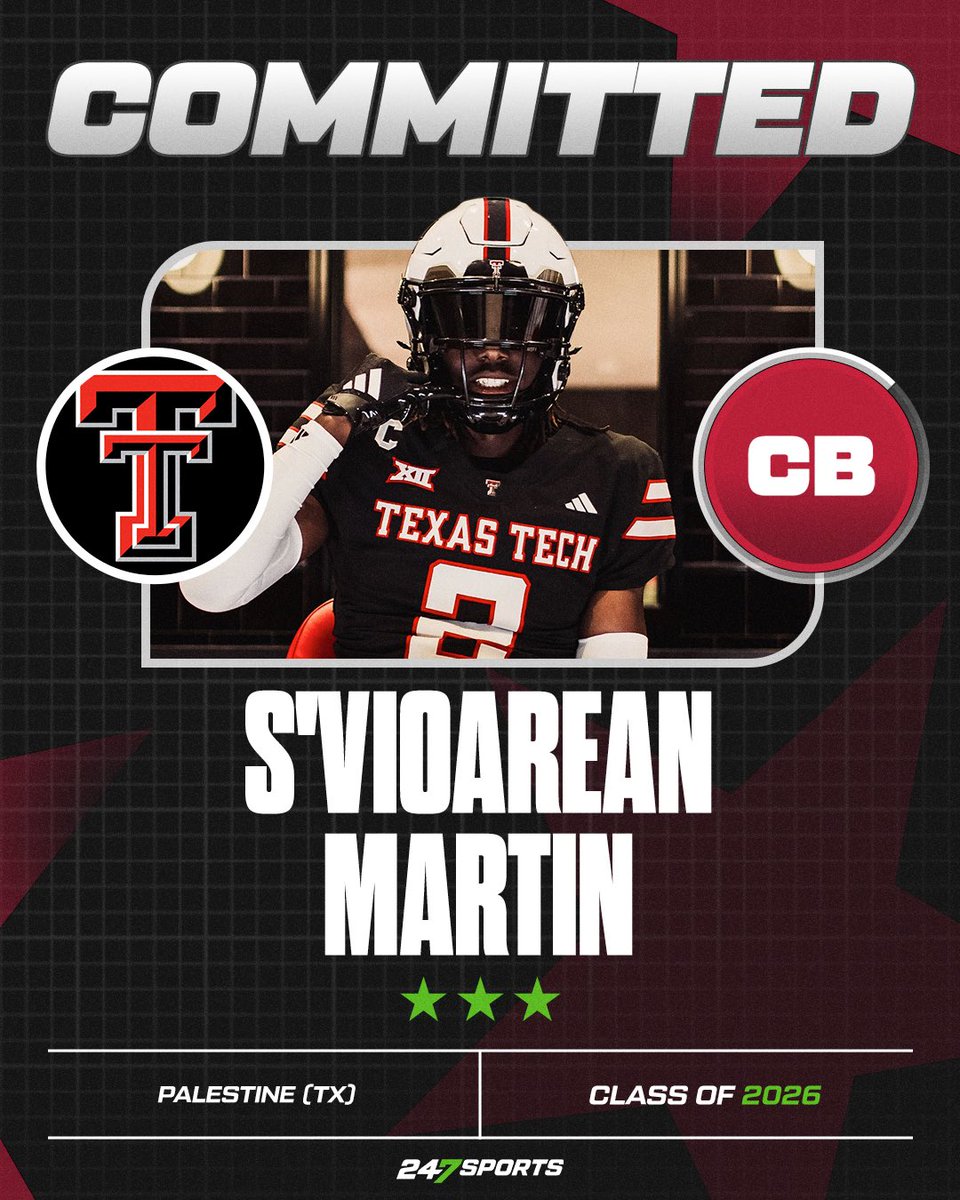 Mike Roach (@mikeroach247) on Twitter photo BREAKING: Texas Tech lands a commitment from Palestine (Texas) CB S’Vioarean Martin. (<a href="/SVioareanMartin/">S’Vioarean “Boss” Martin 4⭐️</a>) What are the Red Raiders getting in the toolsy corner? We’ve got the details
Story: 247sports.com/article/svioar… BREAKING: Texas Tech lands a commitment from Palestine (Texas) CB S’Vioarean Martin. (<a href="/SVioareanMartin/">S’Vioarean “Boss” Martin 4⭐️</a>) What are the Red Raiders getting in the toolsy corner? We’ve got the details
Story: 247sports.com/article/svioar…