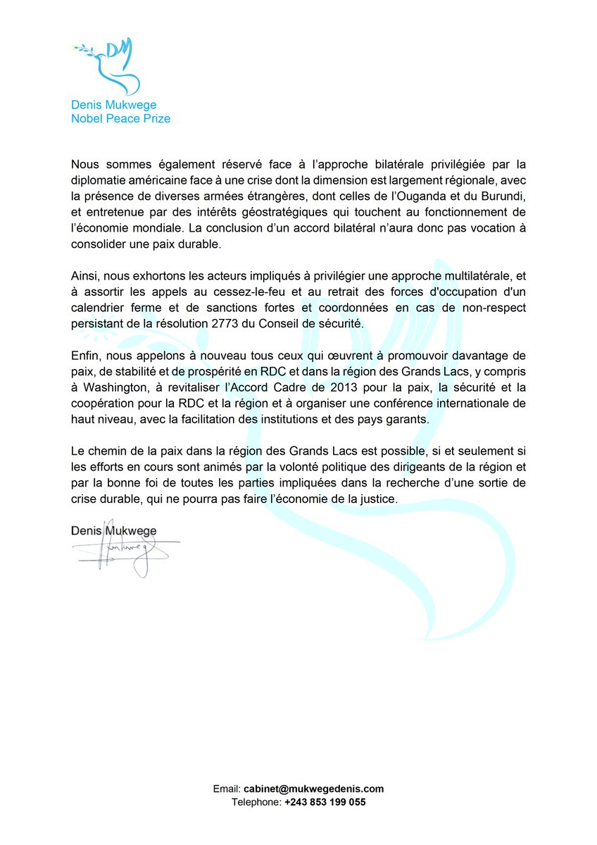 DenisMukwege's tweet image. Réflexions sur la déclaration conjointe du 18 juin au sujet des pourparlers de paix entre la République démocratique du Congo et la République du Rwanda, sous la médiation des États-Unis et sous l'observation de l'État du Qatar.
____________________
Nous avons pris connaissance…