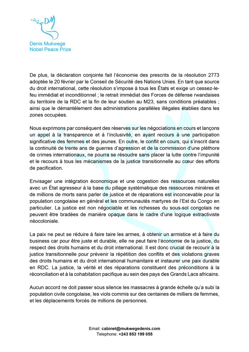DenisMukwege's tweet image. Réflexions sur la déclaration conjointe du 18 juin au sujet des pourparlers de paix entre la République démocratique du Congo et la République du Rwanda, sous la médiation des États-Unis et sous l'observation de l'État du Qatar.
____________________
Nous avons pris connaissance…
