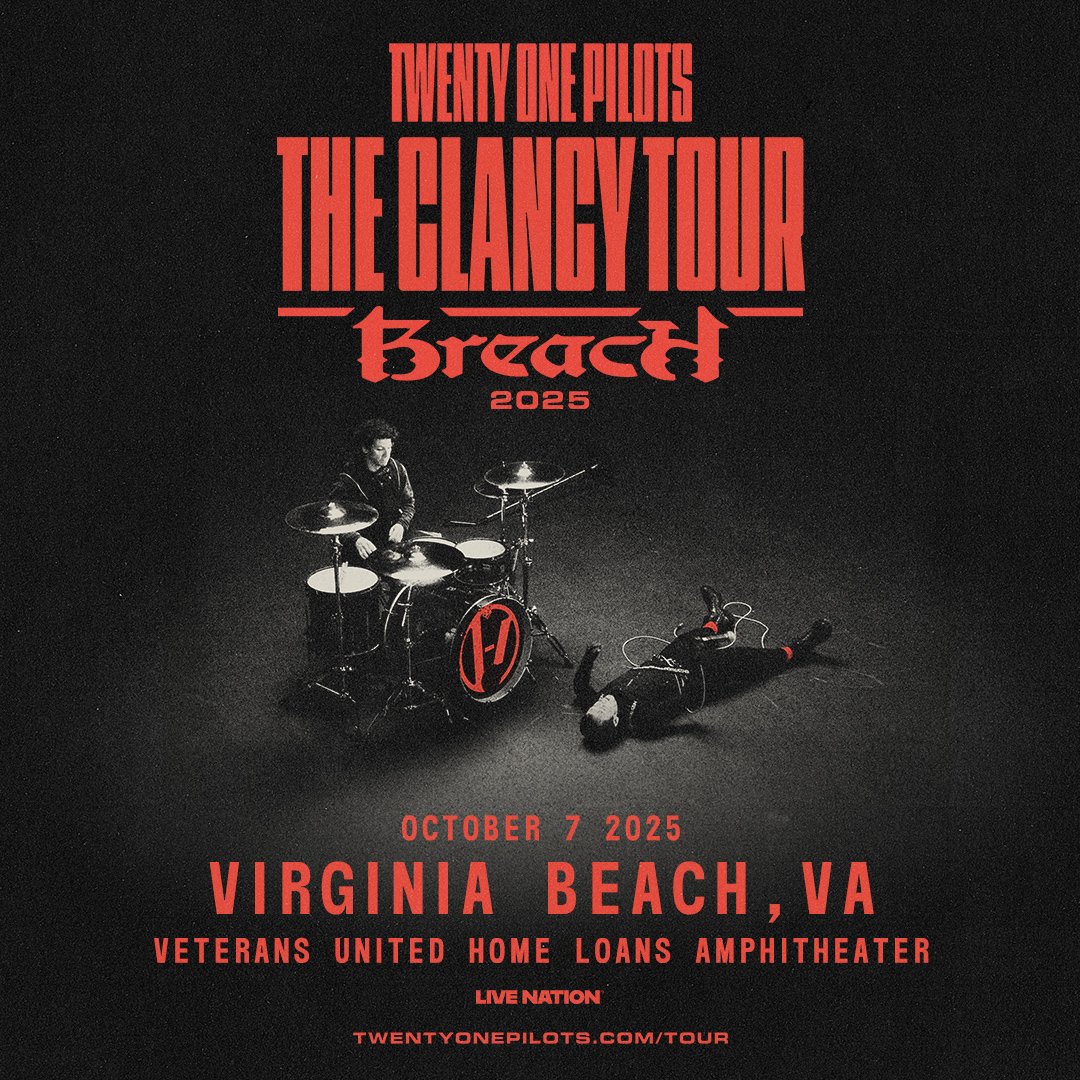See @TWENTYONEPILOTS live at @VABeachAmp Veterans United Home Loans Amphitheater on 10/7 on THE CLANCY TOUR: BREACH 2025.

Get tickets now. tinyurl.com/yc3xznfe

#PARTY1077
#iHeartRadio
#TwentyOnePilots
#AllAmericanRejects
