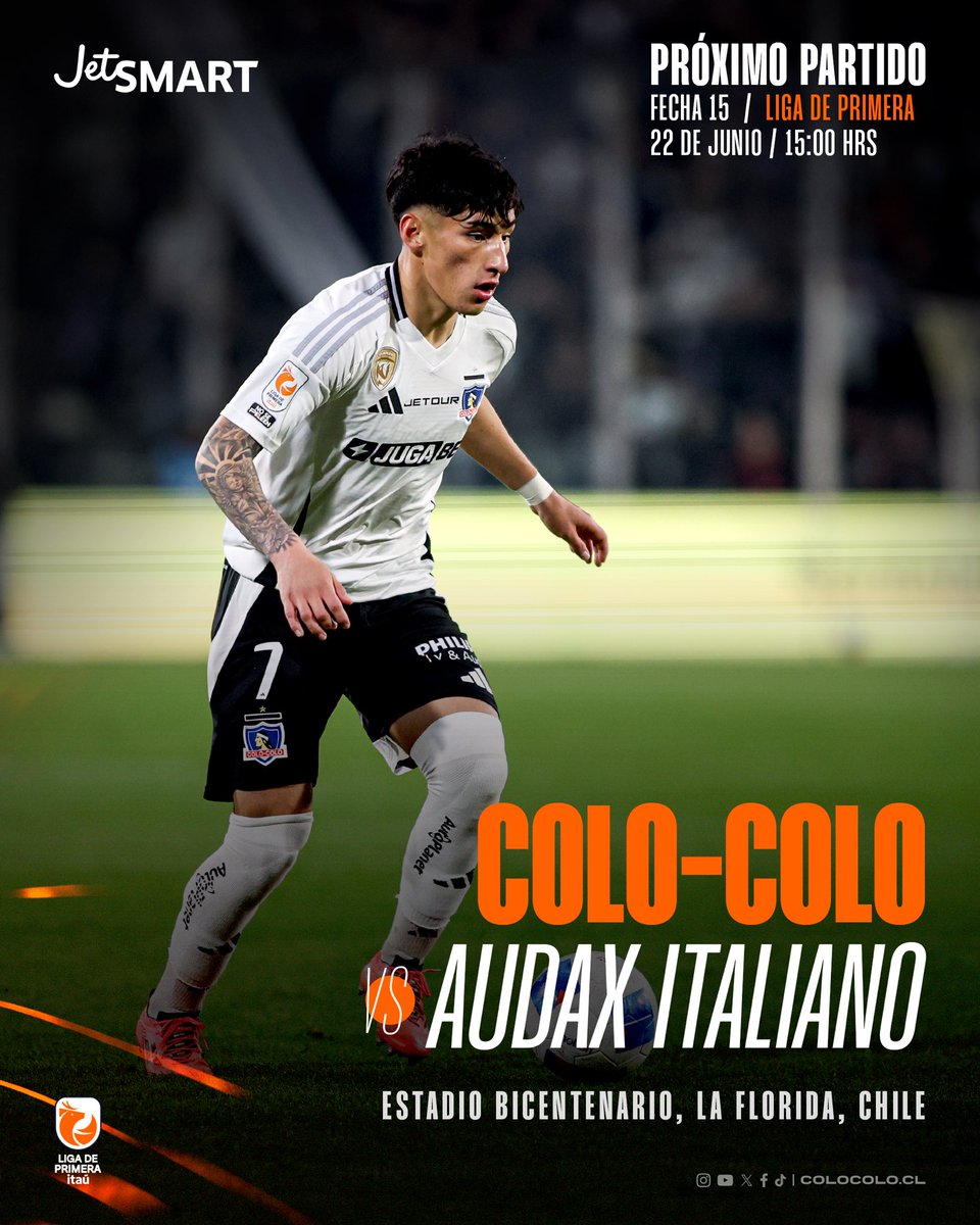 ¡𝐏𝐑𝐎́𝐗𝐈𝐌𝐎 𝐏𝐀𝐑𝐓𝐈𝐃𝐎!

Este domingo a partir de las 15:00 horas jugaremos ante Audax Italiano en el Estadio Bicentenario de La Florida por la fecha 15 de la #ligadeprimeraitaú ⚪⚫

Presentado por <a href="/VuelaJetSMART/">JetSMART</a> 

#𝑉𝑎𝑚𝑜𝑠𝐶𝑜𝑙𝑜𝐶𝑜𝑙𝑜 • #𝐶𝑒𝑛𝑡𝑒𝑛𝑎𝑟100