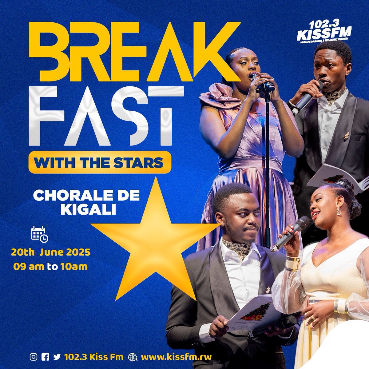 1023KISSFM's tweet photo. Attention everyone, 🤗Tomorrow your favorite Choir “Chorale De Kigali” is going to bless our Studio on the #breakfastwiththestars⭐️ Don’t miss this magnificent show tomorrow 09AM-10AM with Anita Pendo and Rusine Patrick 🥳 https://t.co/eaMnvs0FjA