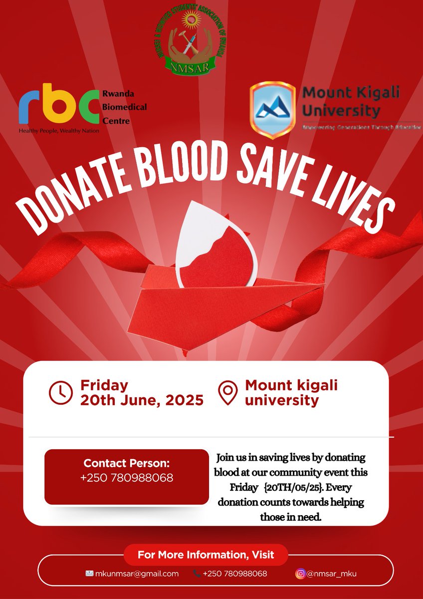 NMSAR Rwanda (@nmsar_rwanda) on Twitter photo <a href="/NMSAR_Rwanda/">NMSAR Rwanda</a> has organized the blood Donation Event through collaboration with <a href="/RBCRwanda/">Rwanda Biomedical Centre</a> which take place at <a href="/MountKigaliUni/">MKU Rwanda</a> on 20/6/2025 <a href="/MkuNmsar/">MKU-NMSAR</a> chapter will be managing the event from 9am-3pm this coming Friday. #DonateBlood #SaveLives #AfridayForBloodDonation <a href="/NMSAR_Rwanda/">NMSAR Rwanda</a> has organized the blood Donation Event through collaboration with <a href="/RBCRwanda/">Rwanda Biomedical Centre</a> which take place at <a href="/MountKigaliUni/">MKU Rwanda</a> on 20/6/2025 <a href="/MkuNmsar/">MKU-NMSAR</a> chapter will be managing the event from 9am-3pm this coming Friday. #DonateBlood #SaveLives #AfridayForBloodDonation