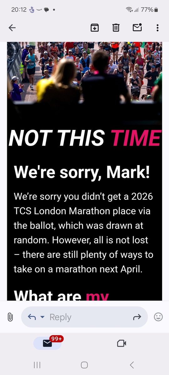 mmaark1973's tweet photo. @LondonMarathon I ran my last London Mararhon in 2006, and I have applied every year since and today. I got my usual email saying I'm not in. Surely, this is unfair. I wanted to run 1 last London Mararhon before I get too old. 20 years of trying! https://t.co/4vYfxPCSC4