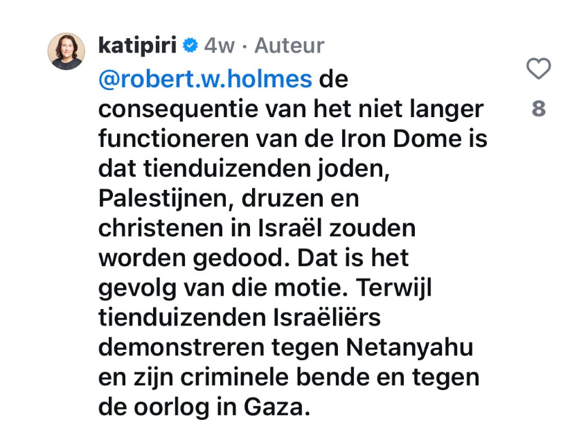 Uit deze tekst van Piri op haar Insta blijkt dat ze - in ieder geval 4 weken geleden - uitstekend op de hoogte is van de gevolgen van haar huidige motie.