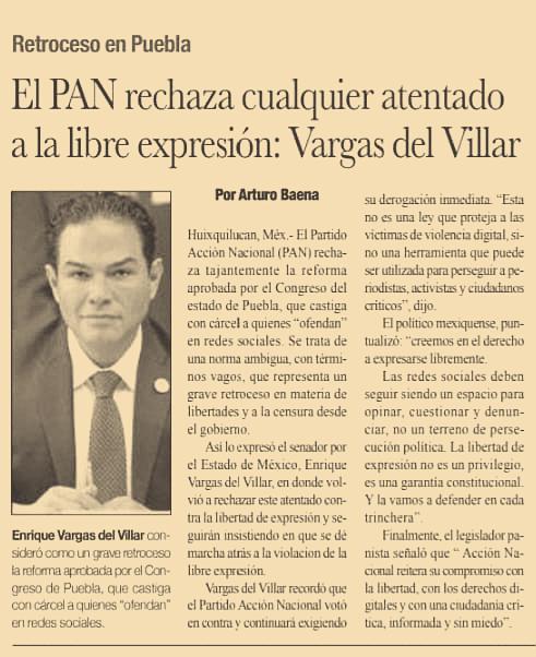 El PAN rechaza cualquier atentado a la libre expresión: <a href="/EnriqueVargasdV/">Enrique Vargas Del Villar</a>